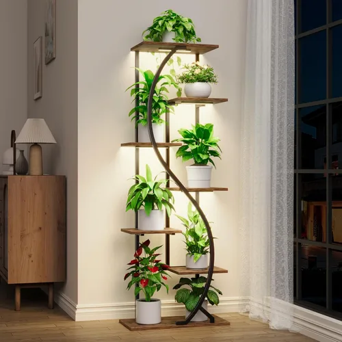 Miniatura 7 de MJOMKN Soporte alto para plantas de 59" con luz de crecimiento para interior, estante de metal de 7 niveles, soporte de exhibición de flores