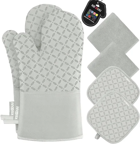 Miniatura 12 de KEGOUU Juego de 6 manoplas para horno y soportes para ollas, guantes para horno de cocina, resistentes al calor, 500 grados, extra largos