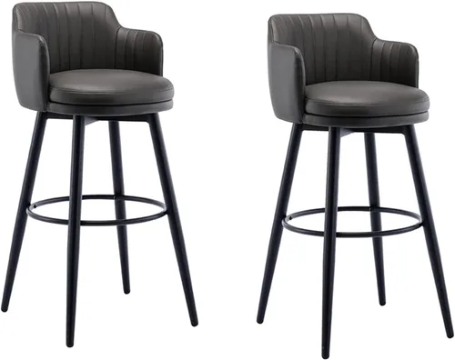 Juego de 2 taburetes de bar giratorios modernos con Brazos, asientos de cuero napa, patas de metal negro y reposapiés, sillas de isla de cocina de