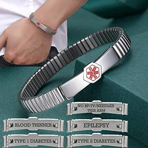 Miniatura 2 de mnmoom - Pulsera unisex de acero inoxidable con grabado de alerta médica para hombre y mujer