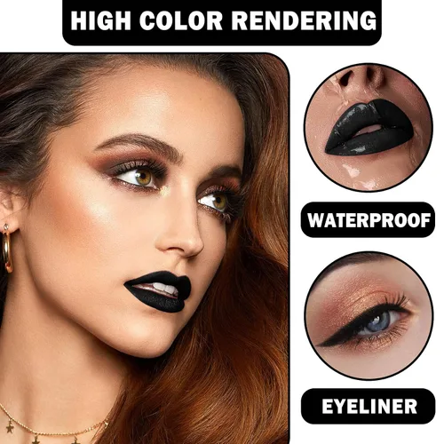 Miniatura 4 de Juego de delineadores de labios negro mate, lápiz labial líquido negro, tinte de labios de alta pigmentación negro y brillo de labios