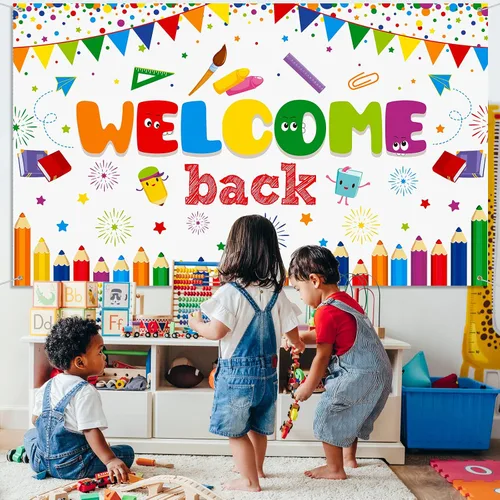 Miniatura 5 de Tatuo Cartel de bienvenida de vuelta a la escuela, cartel grande de tela para el primer día de escuela, cartel de bienvenida, tablón de anuncios