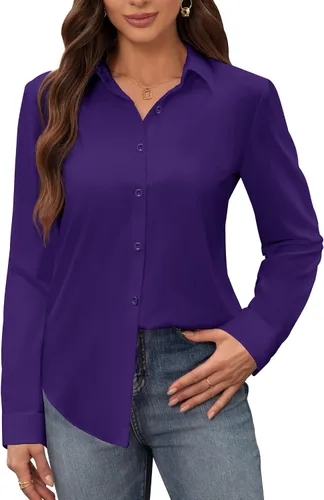 Miniatura 15 de Siliteelon - Camisas de vestir para mujer, a prueba de manchas, sin arrugas, de manga larga, sólidas, para trabajo y negocios, con botones
