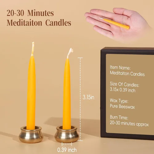 Miniatura 5 de Velas de meditación de cera de abeja de 20 minutos, paquete de 12 velas de cera de abeja con portavelas de latón, mini velas de oración de cera