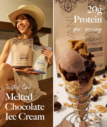Miniatura 6 de Polvo de proteína de suero orgánico Truvani Chocolate 20g de proteína de suero alimentado con hierba 20 porciones Orgánico certificado USDA