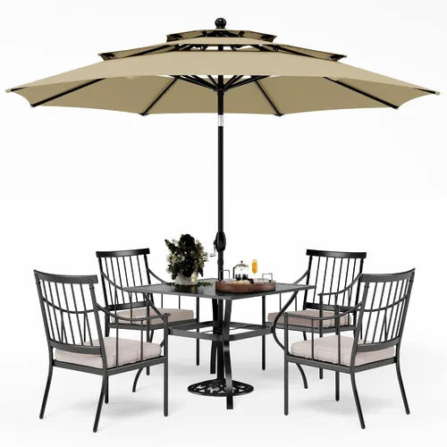 Miniatura 19 de PHI VILLA Juego de comedor al aire libre de 7 piezas con cojín, mesa de comedor rectangular de metal de 60 pulgadas con agujero para sombrilla y 6