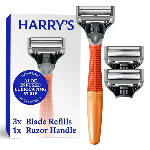 Harry's Kit de afeitado original para hombre, mango de afeitar y 3 cartuchos de repuesto de cuchillas de afeitar, ingeniería alemana, brasa Ámbar