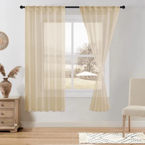 Miniatura 39 de DWCN Cortinas traslúcidas de lino floral, bolsillo para barra y pestaña trasera, cortina de mezcla de lino para dormitorio, sala de estar, cortinas