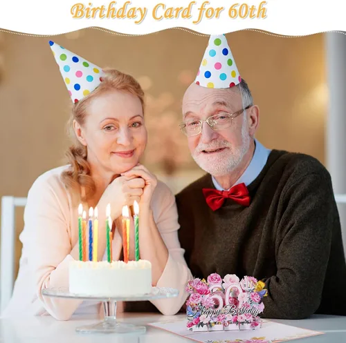 Miniatura 7 de Tarjeta desplegable de 60 cumpleaños para ella, tarjeta de felicitación desplegable de feliz 60 cumpleaños para mujeres, hermosa tarjeta