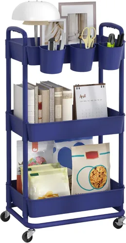 Miniatura 11 de JIUYOTREE - Carro utilitario de almacenamiento rodante de plástico de 3 niveles con tazas colgantes extra, mangos, ruedas con bloqueo para sala
