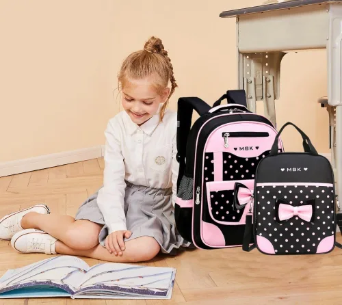 Miniatura 7 de Juego de 2 mochilas escolares con lazos para niñas y estudiantes, diseño de princesa para escuela primaria, 2pcs Negro-s, 2Pcs BagSet S