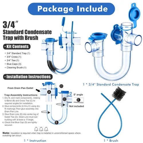 Miniatura 6 de 1 Pack 3/4 Inch Standard Condensate Trap with Cleaning Brush, PVC U Trap for HVAC Systems, Air Conditioner, Effectively Drains Condensate (Clear)