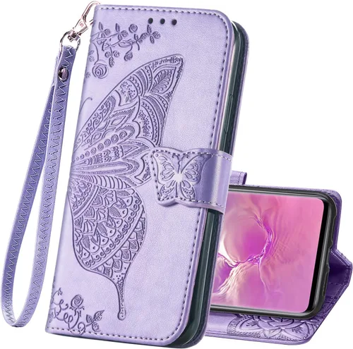Funda protectora de piel sintética para Samsung Galaxy S10e, con tapa y ranura para tarjetas, bolsillo en relieve, diseño de flores y mariposas,