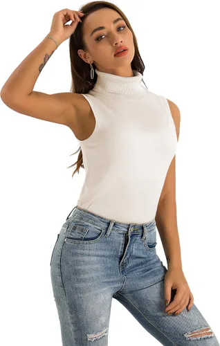 Miniatura 3 de Spicy Sandia Suéter ajustado sin mangas de punto de cuello alto elástico para mujer
