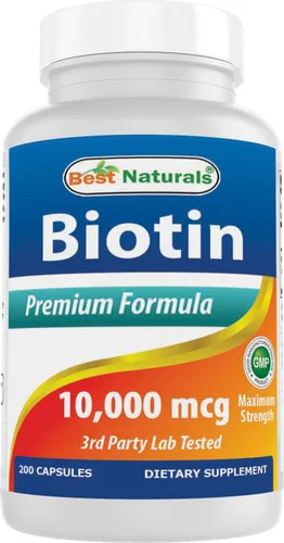 Best Naturals Biotina de máxima potencia de 10,000 Mcg para una fórmula de apoyo para el crecimiento del cabello más saludable y prolongada, 200