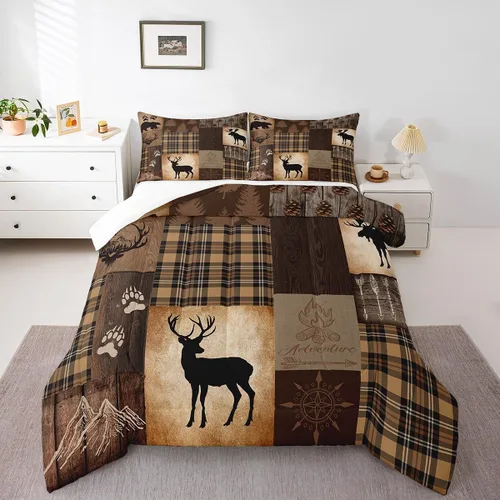 Miniatura 26 de Manfei Rutic Farmhouse - Juego de edredón tamaño King, juego de ropa de cama de retazos de madera a cuadros de ciervo, oso, árbol, 3 piezas
