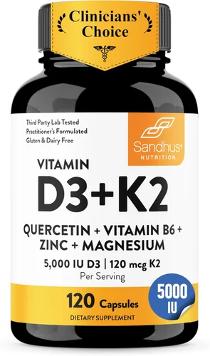 Miniatura 19 de Sandhu's Vitamina D3 K2 Magnesio 10000 IU, 120mcg K2 Cápsulas 60 unidades (paquete de 1) con VIT B6, zinc y quercetina D3K2 apoya la absorción