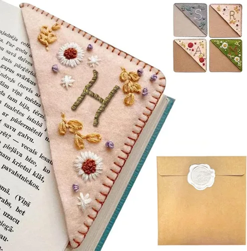 Miniatura 17 de Marcapáginas de esquina bordado a mano personalizado, 26 letras con costura a mano de fieltro, marcapáginas de esquina con bordado de flores lindo