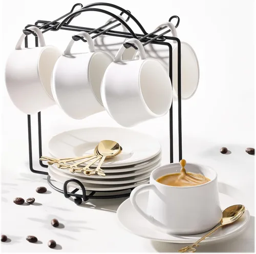 Miniatura 9 de Lareina Juego de 6 tazas de café de porcelana de 3 onzas, tazas de café apilables con platillos, cucharas y soporte de metal, tazas de cerámica