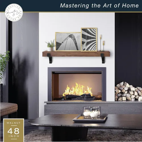 Miniatura 3 de Master & Co. Moderno mantel flotante con soportes de metal negro, estantes flotantes largos para decoración de pared, 48 pulgadas, madera de nogal