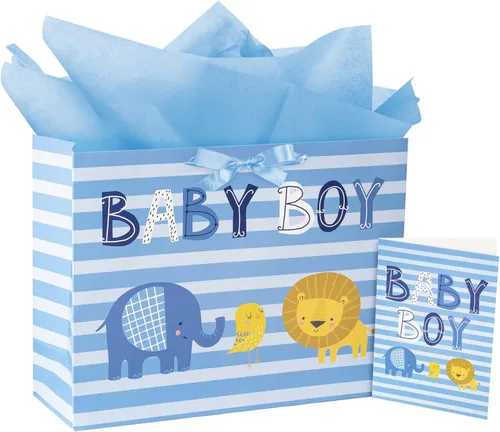 Loveinside Bolsa de regalo para bebé niño con papel de seda y tarjeta de felicitación para baby shower, nuevos padres y más, diseño animal azul, 16