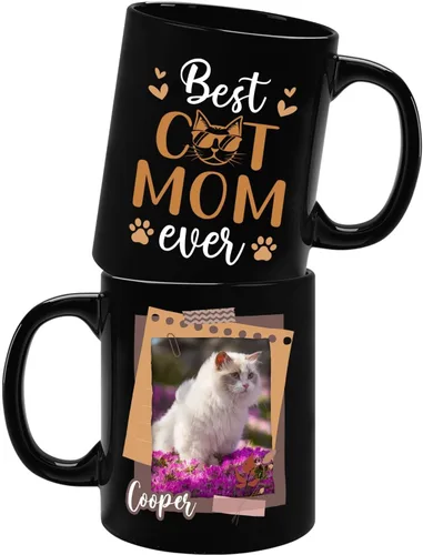 Miniatura 8 de Taza de cerámica negra personalizada para elegir nombre y foto con texto en inglés "Best Cat Dad Ever Just Ask", taza de café personalizada de 11