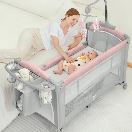 Miniatura 10 de BabyBond Cuna para bebé, cuna de noche, paquete y juego con sábana, cambiador de pañales y móvil de música desde recién nacidos hasta niños