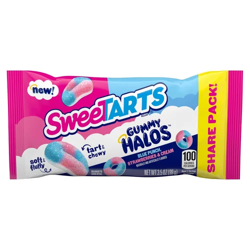 Miniatura 4 de SweeTARTS Halos, dulces, ponche azul y fresas y crema, agrio y masticable, suave y esponjoso, 3.5 onzas (12 unidades)