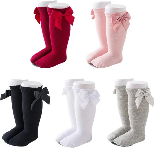 Calcetines altos hasta la rodilla para bebés y niñas, con lazo, tubo con volantes, de algodón, calcetines largos para bebés y niños pequeños, 5 pares