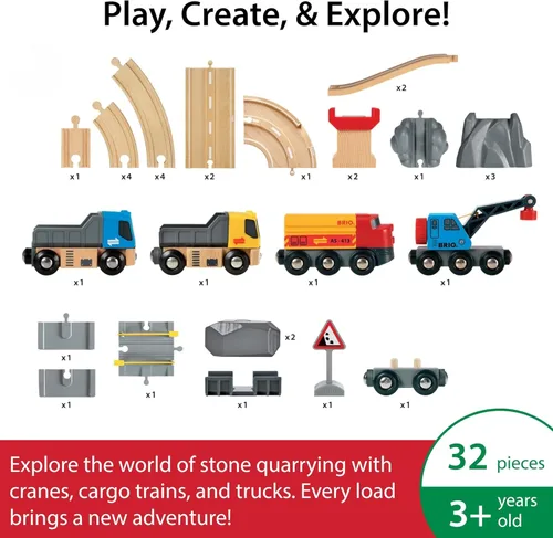 Miniatura 3 de BRIO World Rail & Road - Juego de tren de madera con certificación FSC de 32 piezas y accesorios - Auto grúa especial, plataforma plana, pistas
