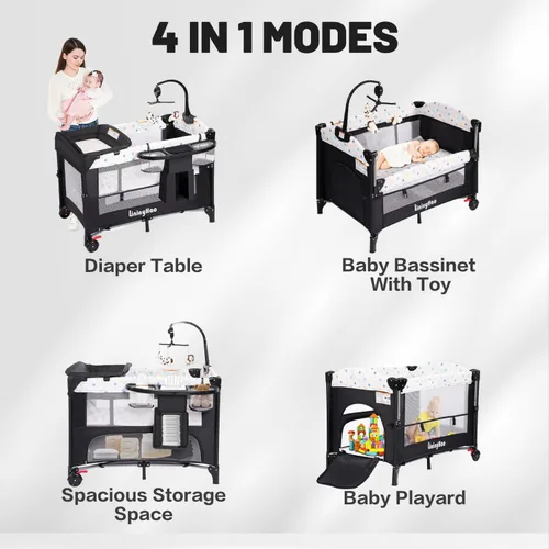 Miniatura 8 de Corral de bebé de altura ajustable 4 en 1, centro plegable para guardería con caja de música, estante de juguetes, almacenamiento lateral, Estrella