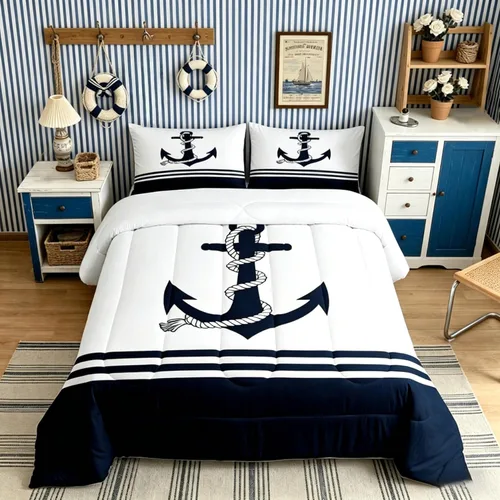 Miniatura 18 de Castle Fairy Juego de edredón de verano para niños, tamaño individual, diseño náutico reversible con diseño náutico de estrellas de mar, barco y Azul