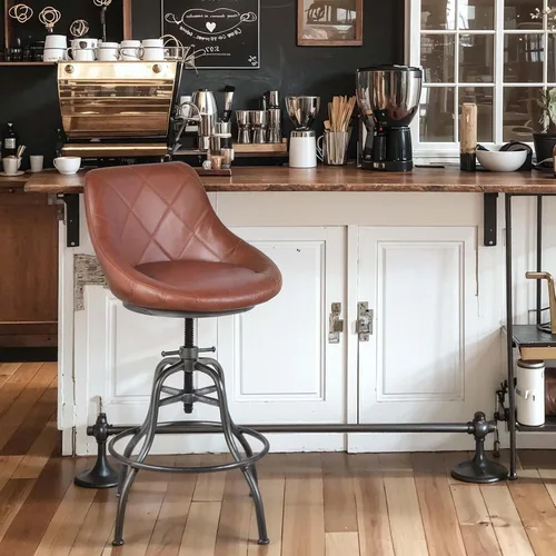Miniatura 10 de Diseño industrial Metal Altura ajustable PU Respaldo Silla Vintage Bar Taburete Negro Asiento de cuero