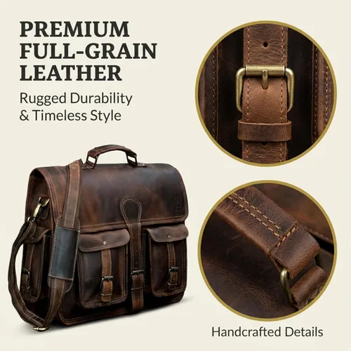 Miniatura 4 de cuero Bolso mensajero de cuero para hombre, bolsa para laptop de 14 pulgadas, bolsa cruzada para hombre, bolso cartera de cuero vintage hecho a mano