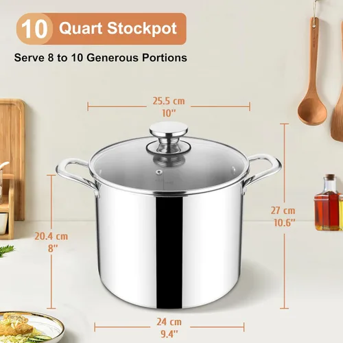 Miniatura 2 de Herogo Olla de 10 cuartos de galón, olla grande de acero inoxidable 18/10 con tapa, olla de pasta de metal de 10 cuartos de galón para sopa