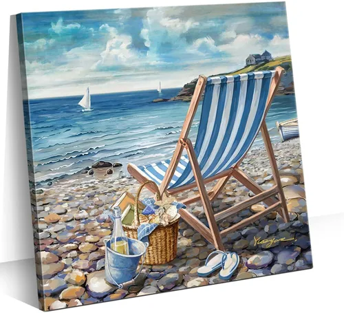 Miniatura 12 de Decoración de baño, arte de pared de playa, tema oceánico, imagen azul, impresión en lienzo, obra de arte costera moderna, enmarcada para colgar