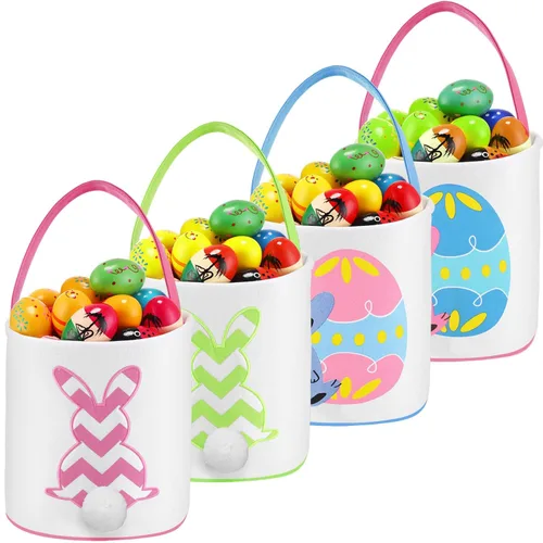 Miniatura 16 de 4 unidades de cesta de conejo de Pascua para niños, bolsas de tela de algodón, vacías personalizadas, cesta de huevos de caramelo, cubos