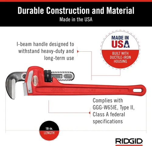 Miniatura 5 de RIDGID 31025 Llave de tubo recta modelo 18 resistente, llave de fontanería de 18 pulgadas