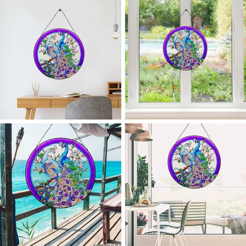 Miniatura 3 de Colgantes de ventana de cristal de pavo real de 11.8 pulgadas, decoración artística de pared de pavo real, panel atrapasoles con cadena (morado)