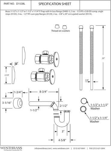 Miniatura 8 de Westbrass A1538L-62 Kit de línea de suministro para lavabo de pedestal con trampa P y topes angulares de mango redondo, negro mate Oil Rubbed Bronze