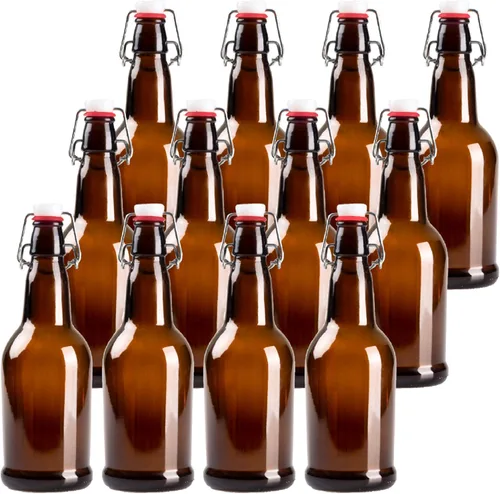Barcaloo Botellas de cerveza de vidrio ámbar de 16 onzas para elaboración casera, paquete de 12 con tapas abatibles, marca estadounidense de