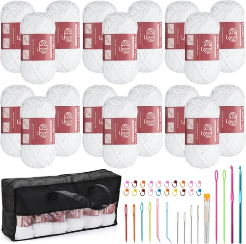 Miniatura 25 de LUNARM Hilado de chenilla para tejer y hacer ganchillo, 3 madejas de 240 metros de hilo grueso, suave y voluminoso, para tejer mantas, ropa y Beige