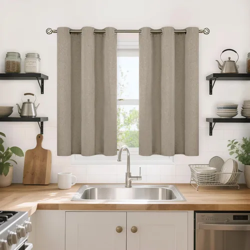 Miniatura 64 de YoungsTex - Cortinas de lino beige 100% opacas para dormitorio de 63 pulgadas de largo, cortinas cortas con aislamiento térmico y ojales