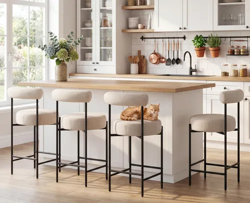 Miniatura 3 de EALSON Moderno juego de 2 taburetes de bar tapizados de lino con respaldo abierto curvo/asiento redondo, cómodas sillas de bar para isla de cocina