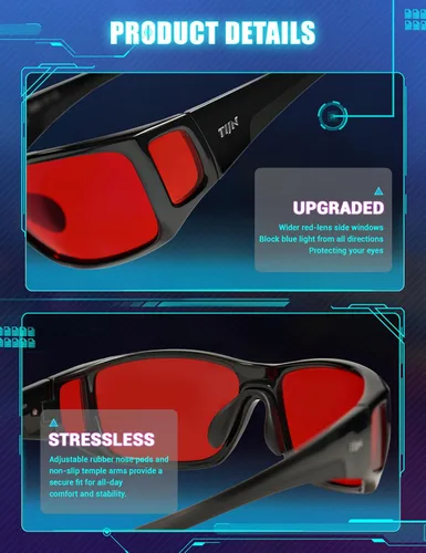 Miniatura 5 de TIJN Sonia - Lentes de dormir para bloqueo de luz azul y verde, lente roja con doble revestimiento AR, marco envolvente para pantalla