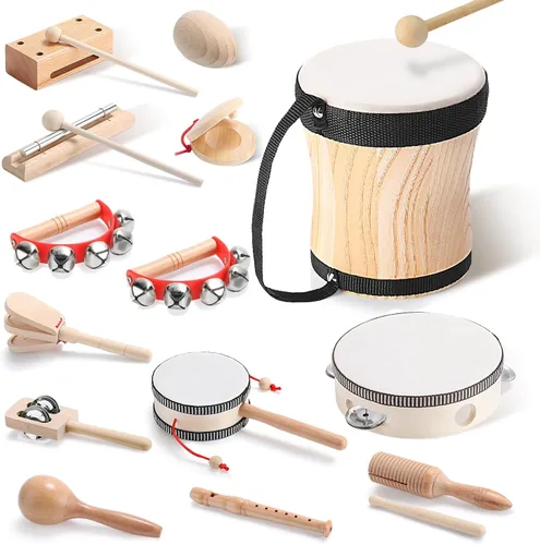 Chumia Juego de instrumentos musicales para niños pequeños, 13 piezas, instrumentos de percusión de madera Montessori con tambor preescolar
