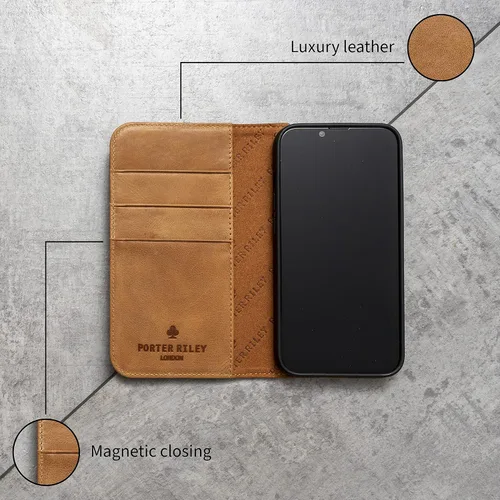 Miniatura 3 de Porter Riley - Funda de cuero para Samsung Galaxy S22. Funda de piel auténtica con soporte, cartera/cubierta (bronceado)