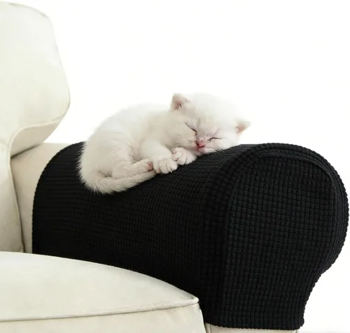 Miniatura 3 de Paquete de 2 fundas de sofá color amarillo cálido, protectores de arañazos de gatos navideños para muebles beige, fundas elásticas antideslizantes