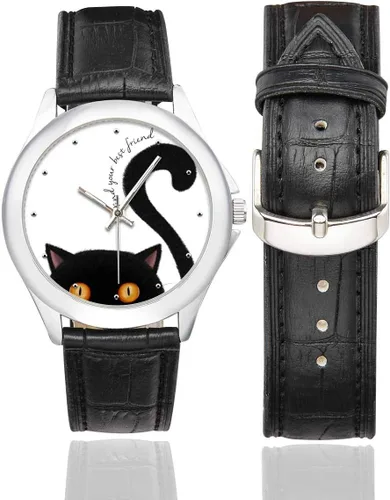 Miniatura 2 de InterestPrint Funny Cat - Reloj clásico de acero inoxidable con correa de cuero para mujer, color negro