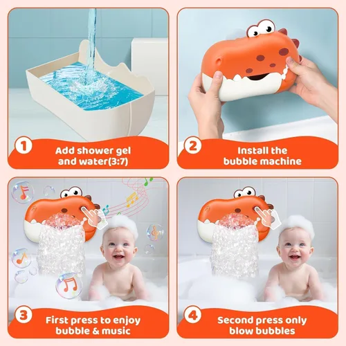 Miniatura 3 de Juguetes de baño para bebés, máquina recargable de burbujas de dinosaurio con música, juguetes de baño para bañera para niños pequeños, regalos